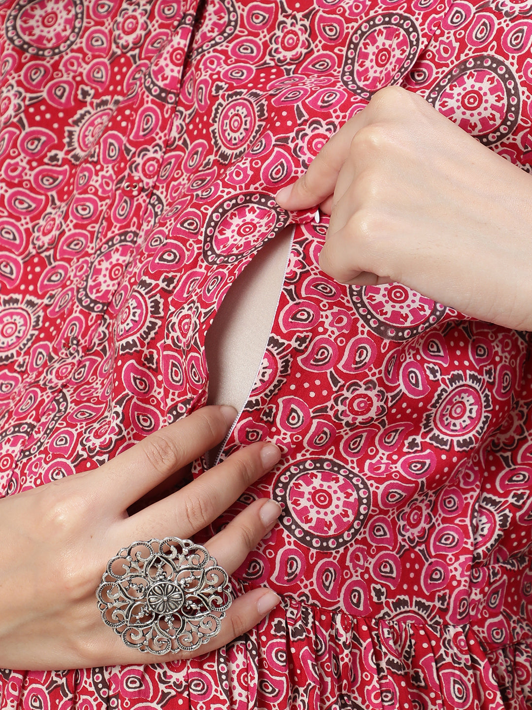 Women's Pink Printed Flared Maternity Dress