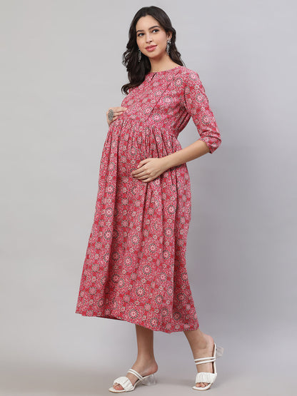 Women's Pink Printed Flared Maternity Dress