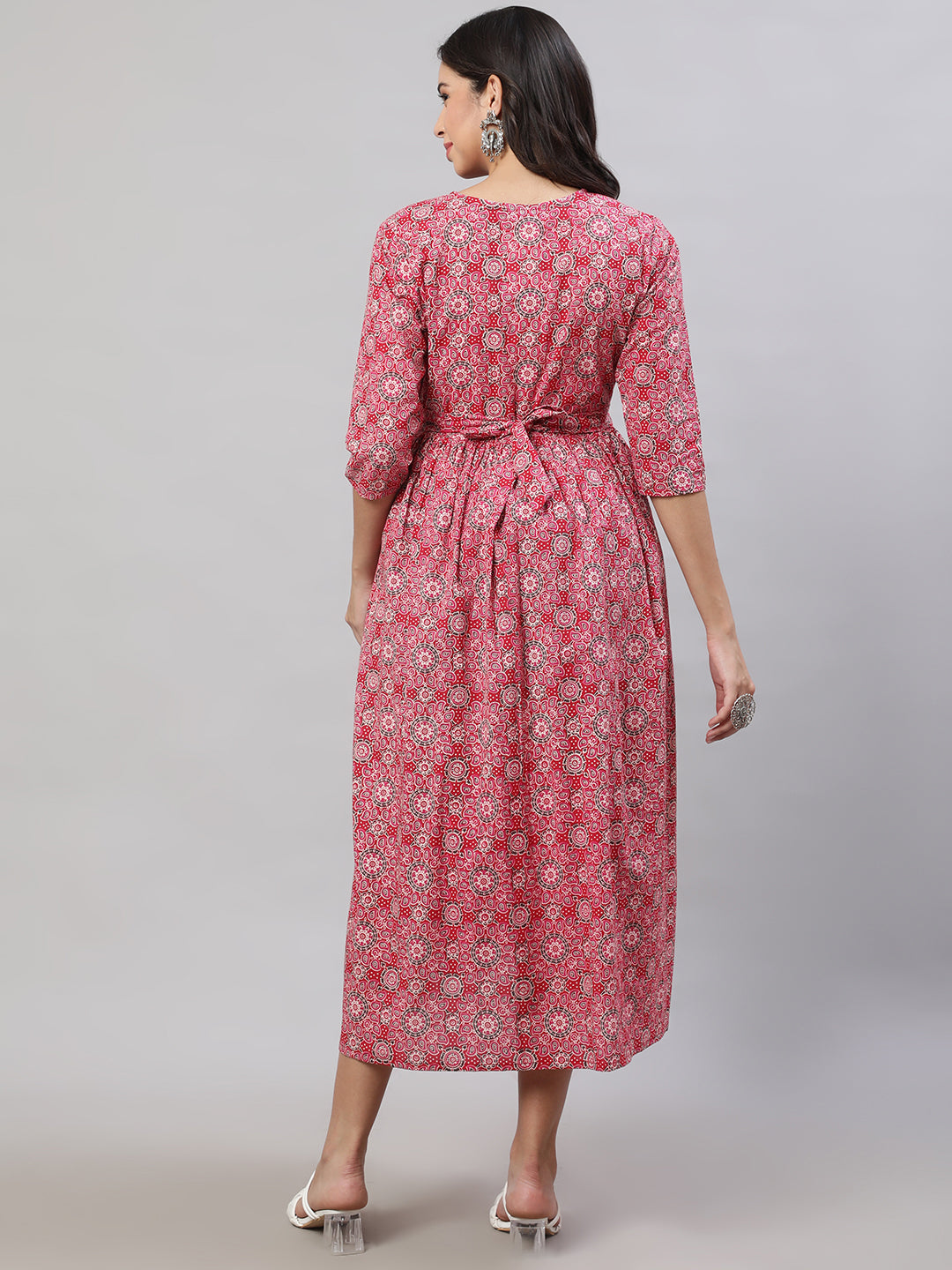 Women's Pink Printed Flared Maternity Dress
