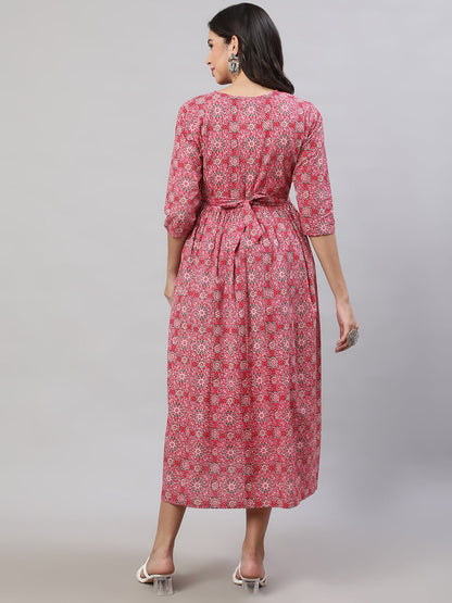 Women's Pink Printed Flared Maternity Dress