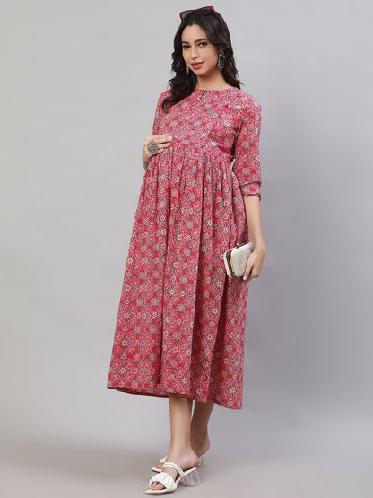 Women's Pink Printed Flared Maternity Dress