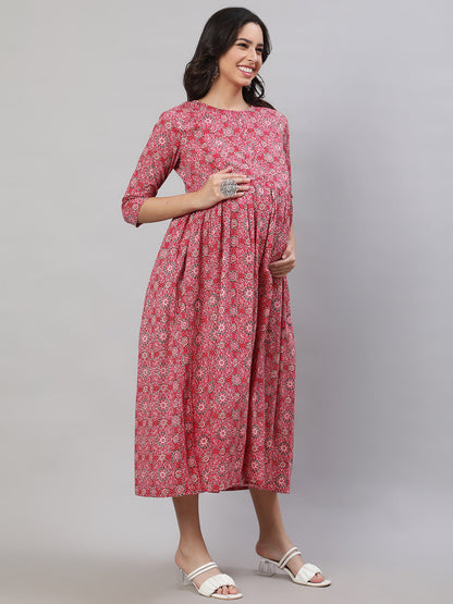 Women's Pink Printed Flared Maternity Dress