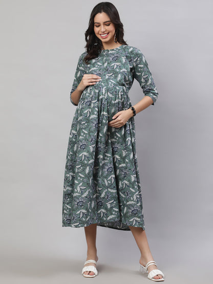 Women's Green Printed Flared Maternity Dress