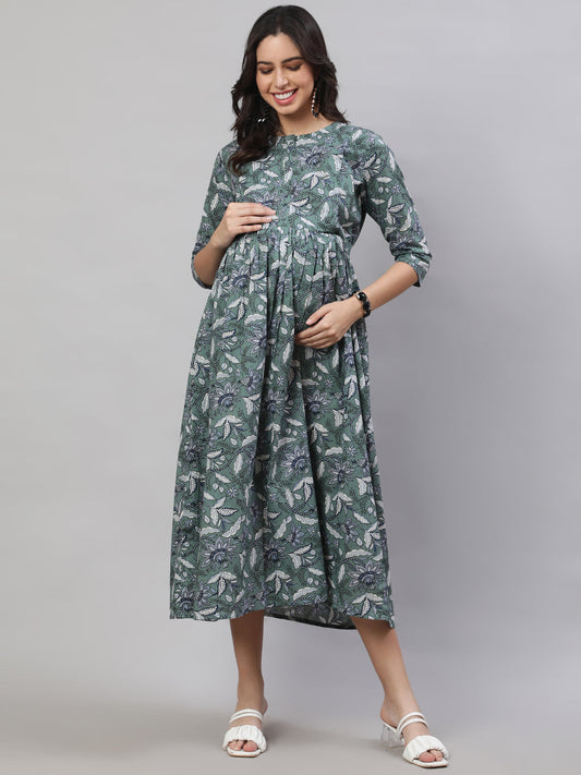 Women's Green Printed Flared Maternity Dress
