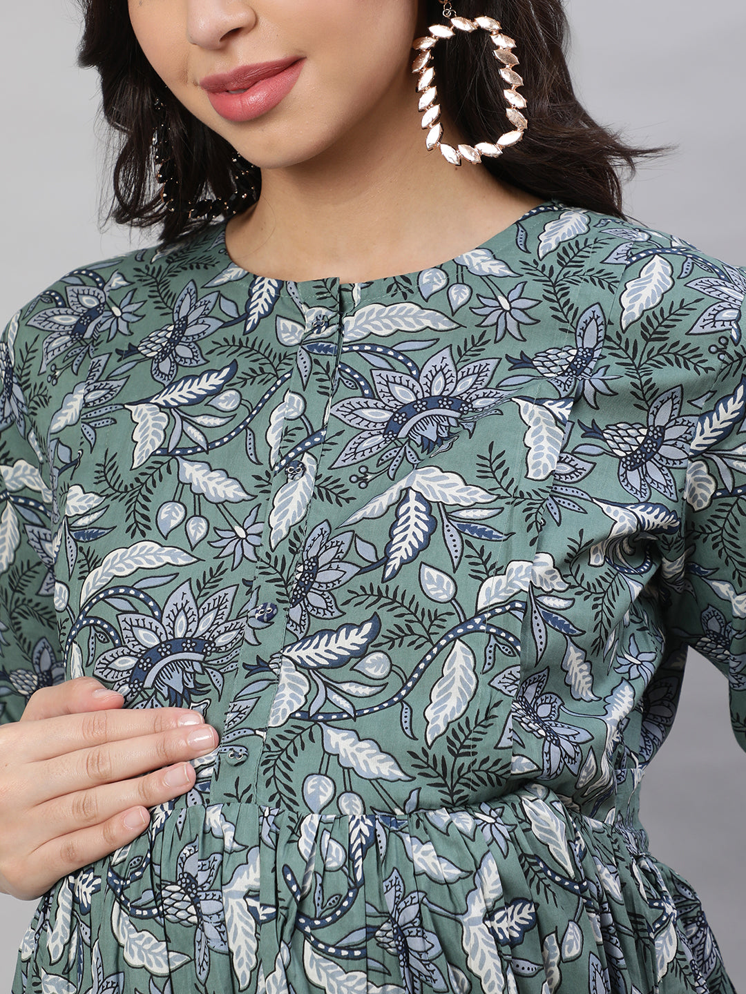 Women's Green Printed Flared Maternity Dress