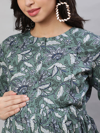 Women's Green Printed Flared Maternity Dress