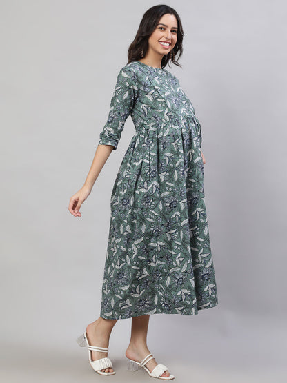 Women's Green Printed Flared Maternity Dress