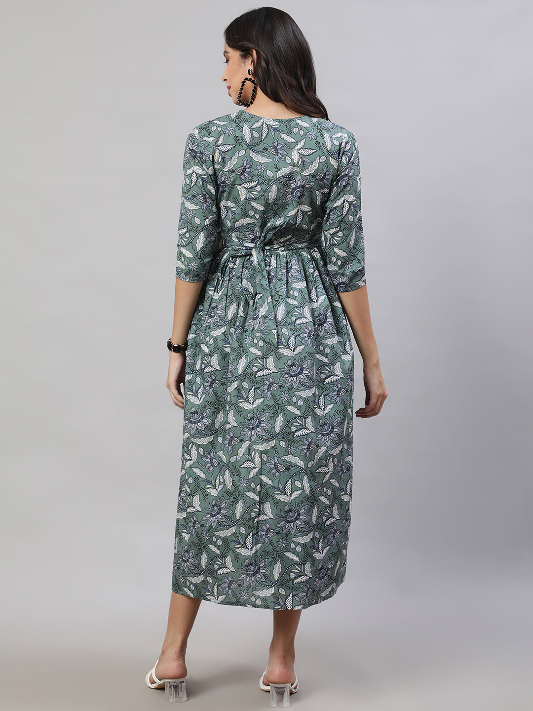 Women's Green Printed Flared Maternity Dress