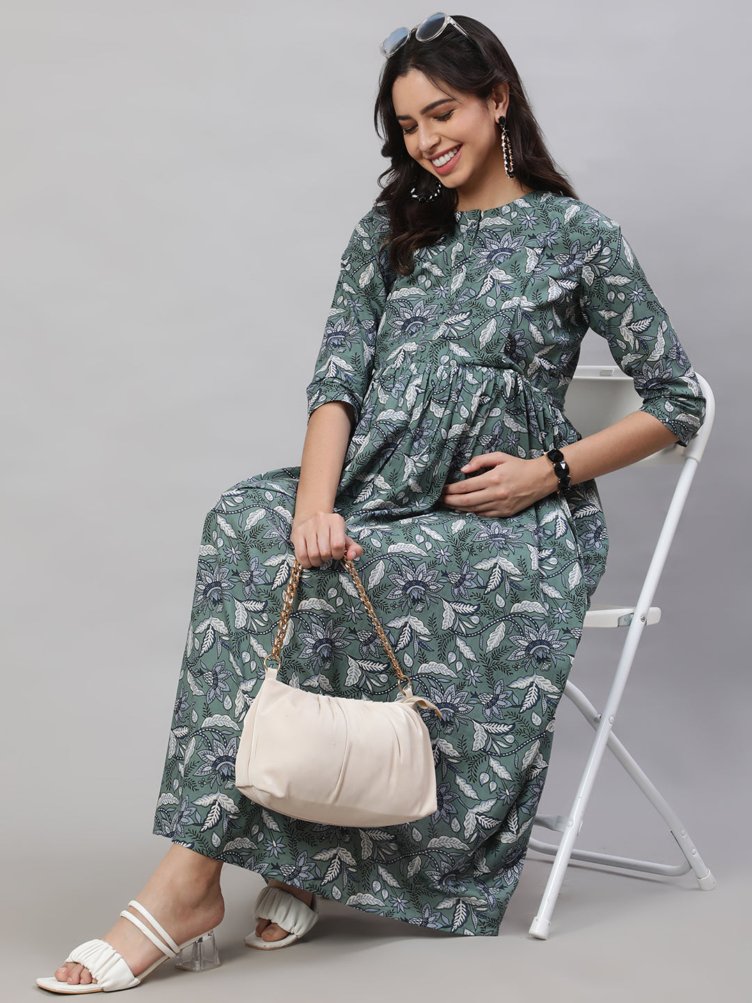 Women's Green Printed Flared Maternity Dress