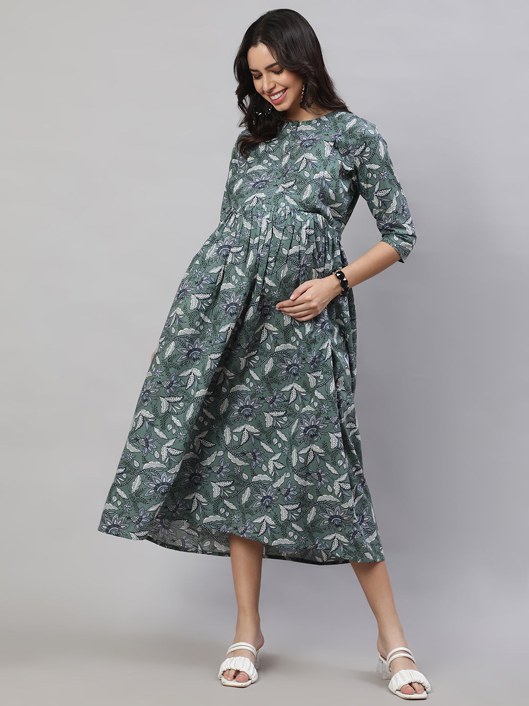 Women's Green Printed Flared Maternity Dress