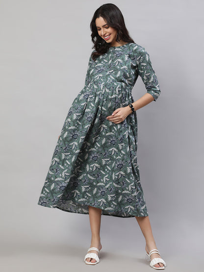 Women's Green Printed Flared Maternity Dress