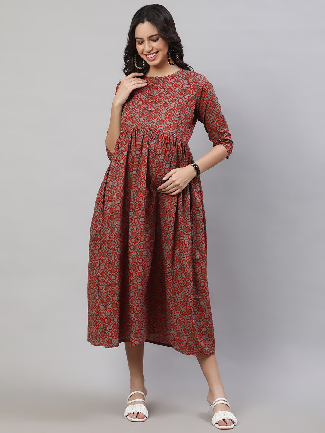 Women's Rust Printed Flared Maternity Dress