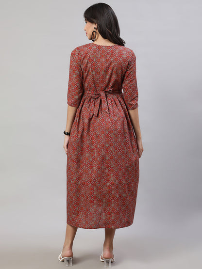 Women's Rust Printed Flared Maternity Dress