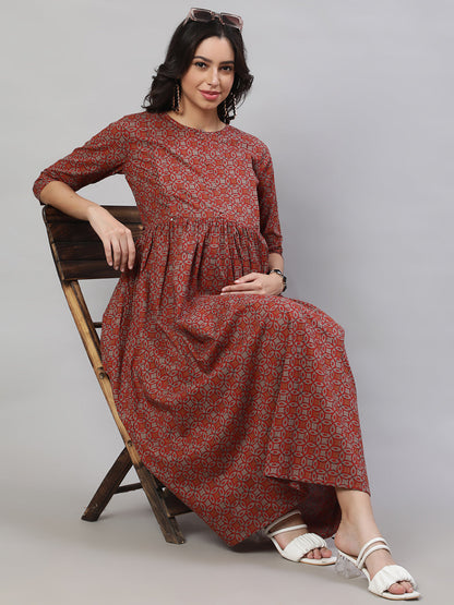 Women's Rust Printed Flared Maternity Dress
