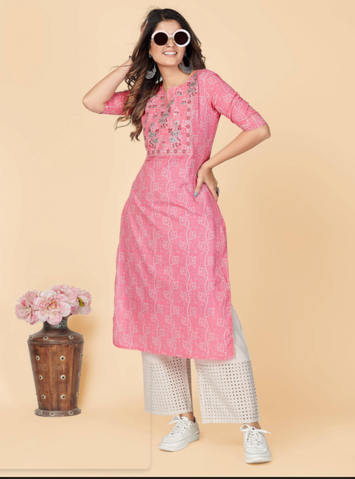 Women's Printed & Embroidered Straight Cotton Pink Stitched Kurta (1Pc)