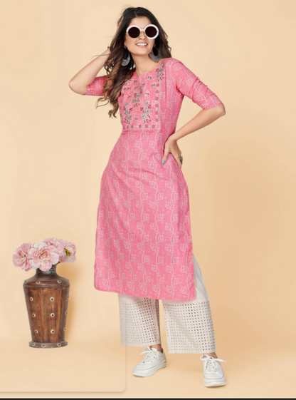 Women's Printed & Embroidered Straight Cotton Pink Stitched Kurta (1Pc)