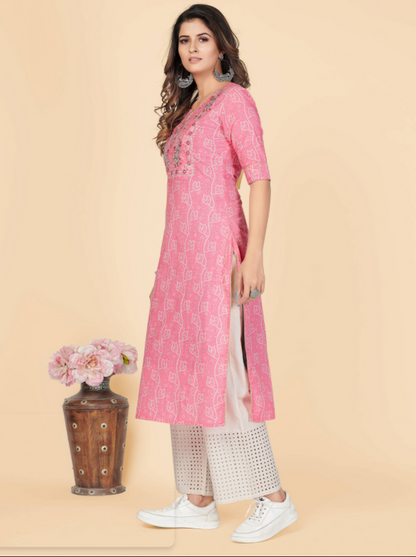 Women's Printed & Embroidered Straight Cotton Pink Stitched Kurta (1Pc)