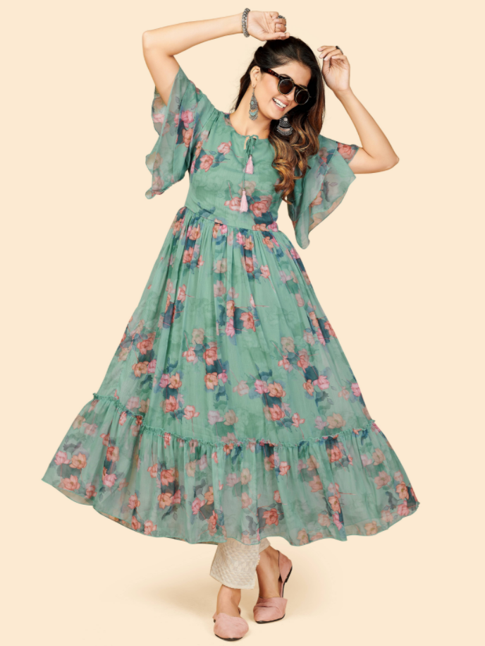 Women's Printed Anarkali Georgette Aqua Green Stitched Kurta (1Pc)