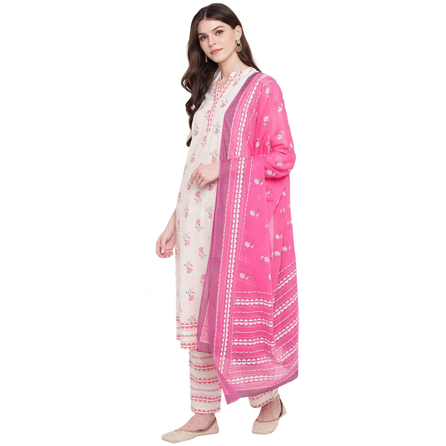 Women's White & Red Cotton Kurta With Palazzo & Dupatta By Vbuyz (3