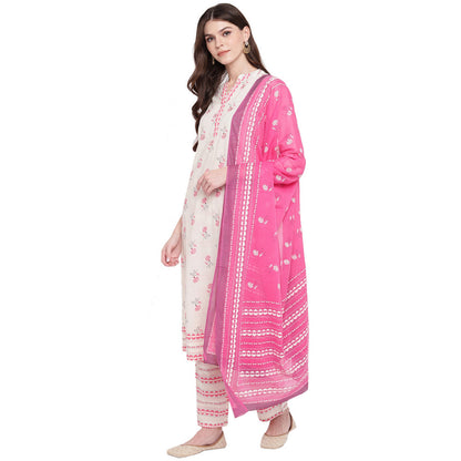 Women's White & Red Cotton Kurta With Palazzo & Dupatta By Vbuyz (3
