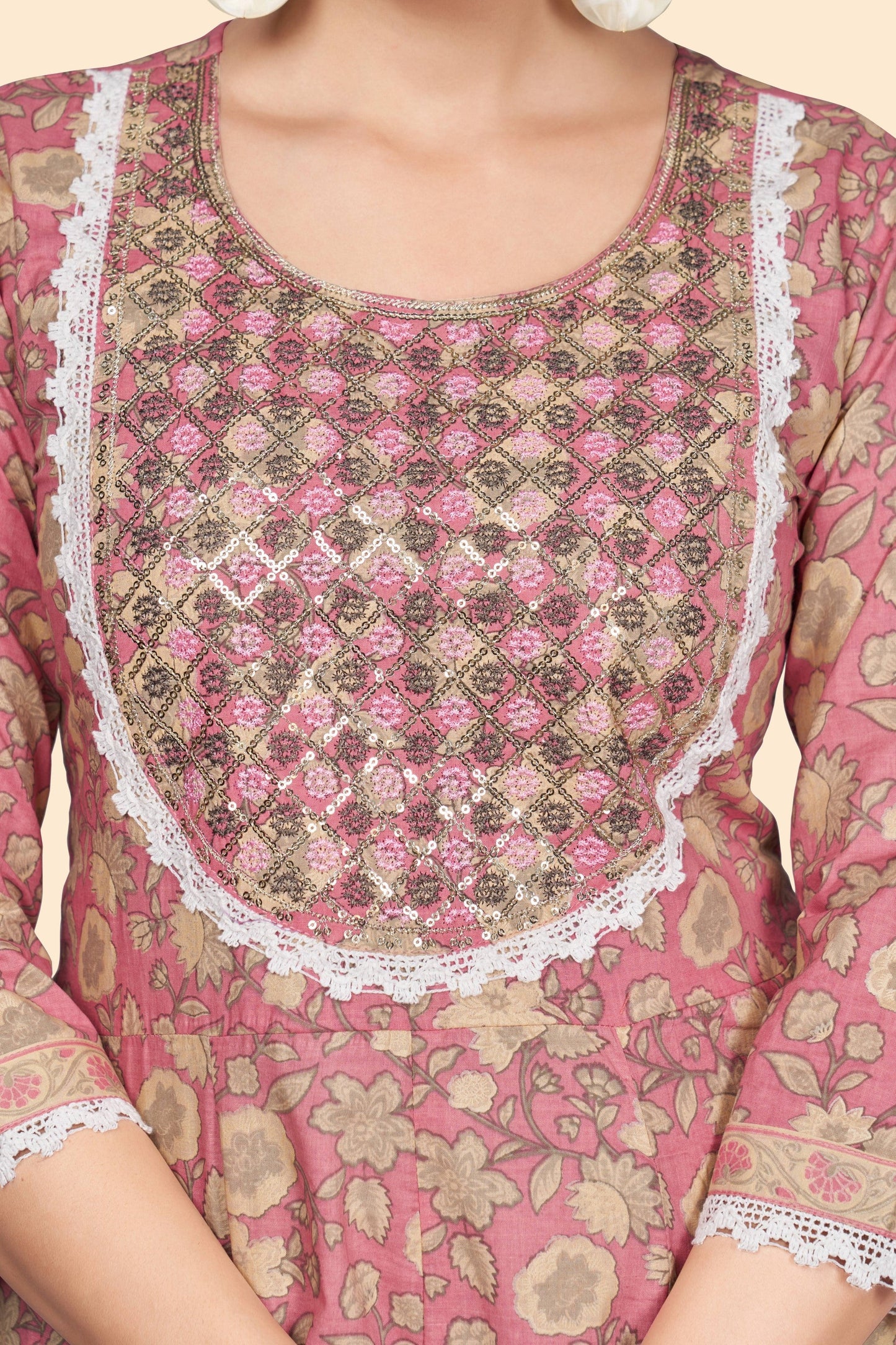 Women's Print & Embroidered A-Line Cotton Pink Stitched Kurta