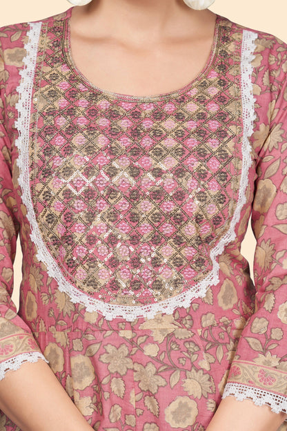 Women's Print & Embroidered A-Line Cotton Pink Stitched Kurta