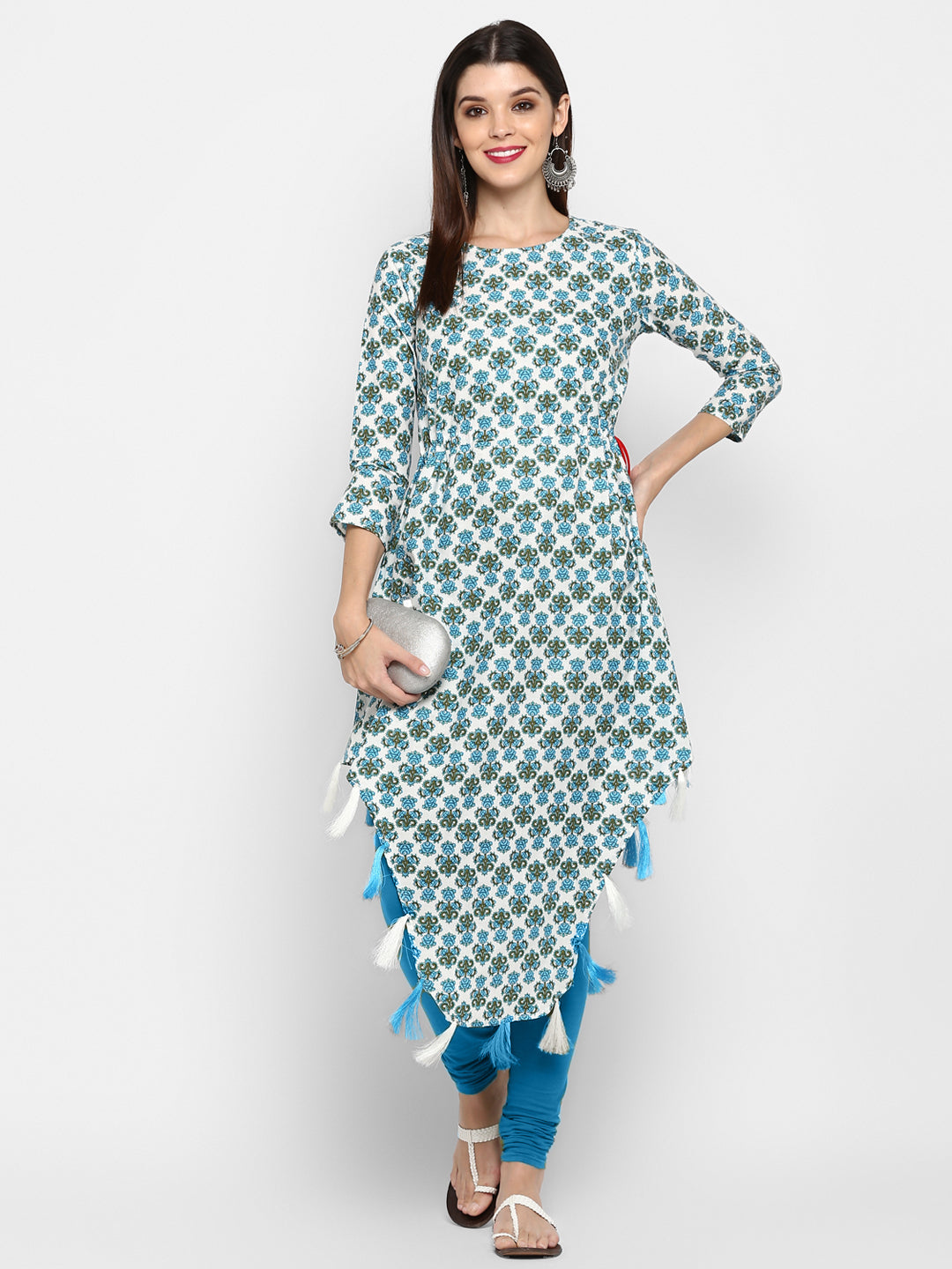 Women's Sky Blue & White Cotton Asymmetric Kurta By Vbuyz- (