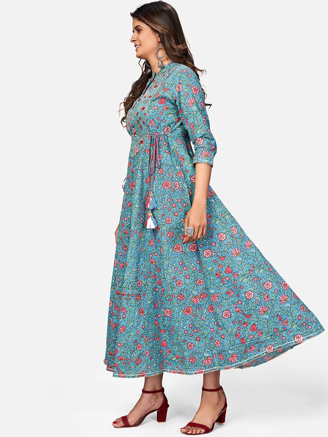 Women's Printed & Embroidered Anarkali Cotton Turquoise Kurta (1Pc)