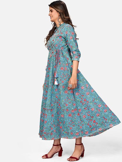 Women's Printed & Embroidered Anarkali Cotton Turquoise Kurta (1Pc)