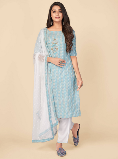 Women's Printed & Hand Work Straight Cotton Sky Blue Kurta Pant With Dupatta (3Pcs Set)