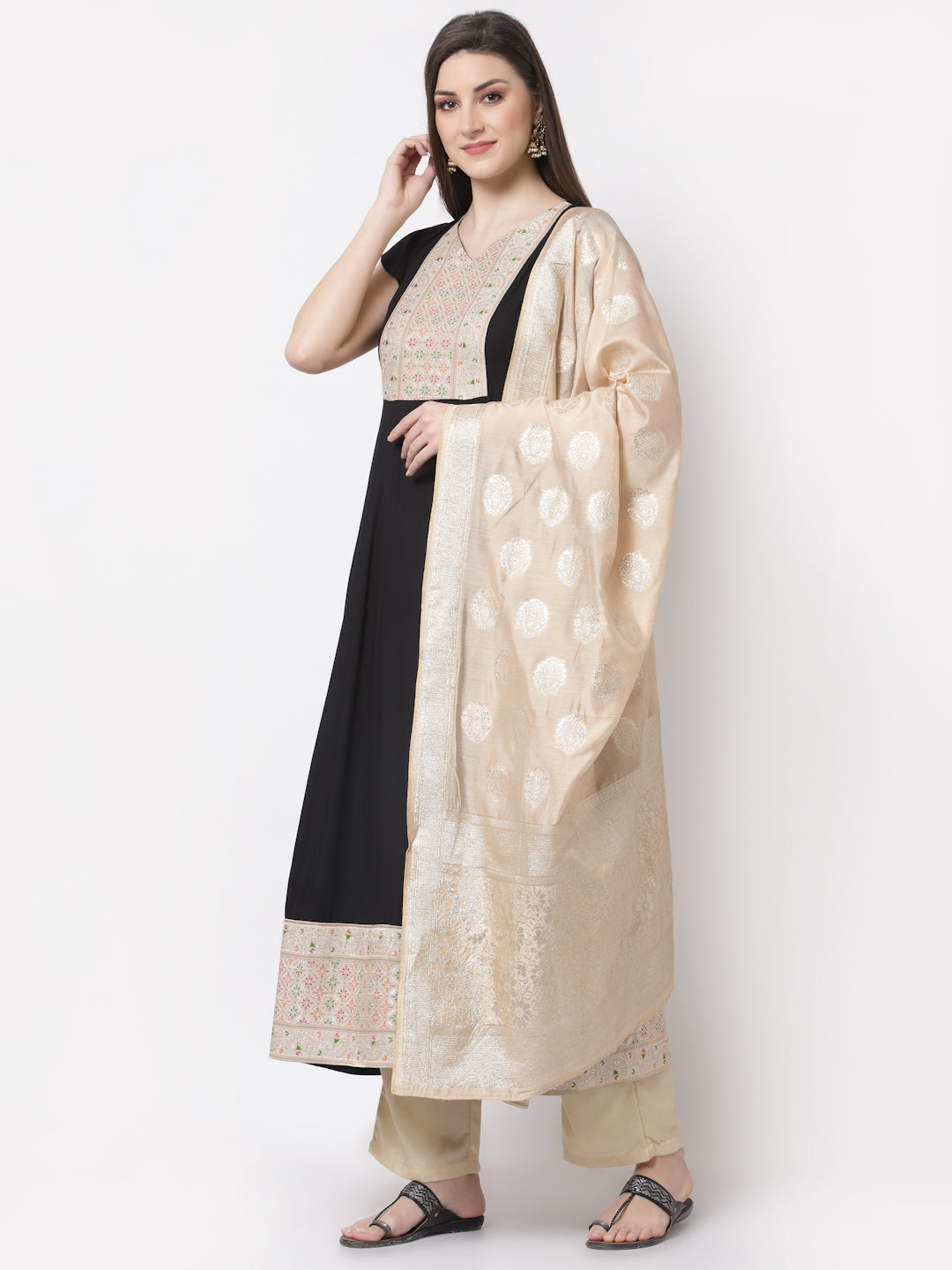 Women's Stylish Rayon V Neck Half Sleeve Embroidered Anarkali Kurta with Dupatta