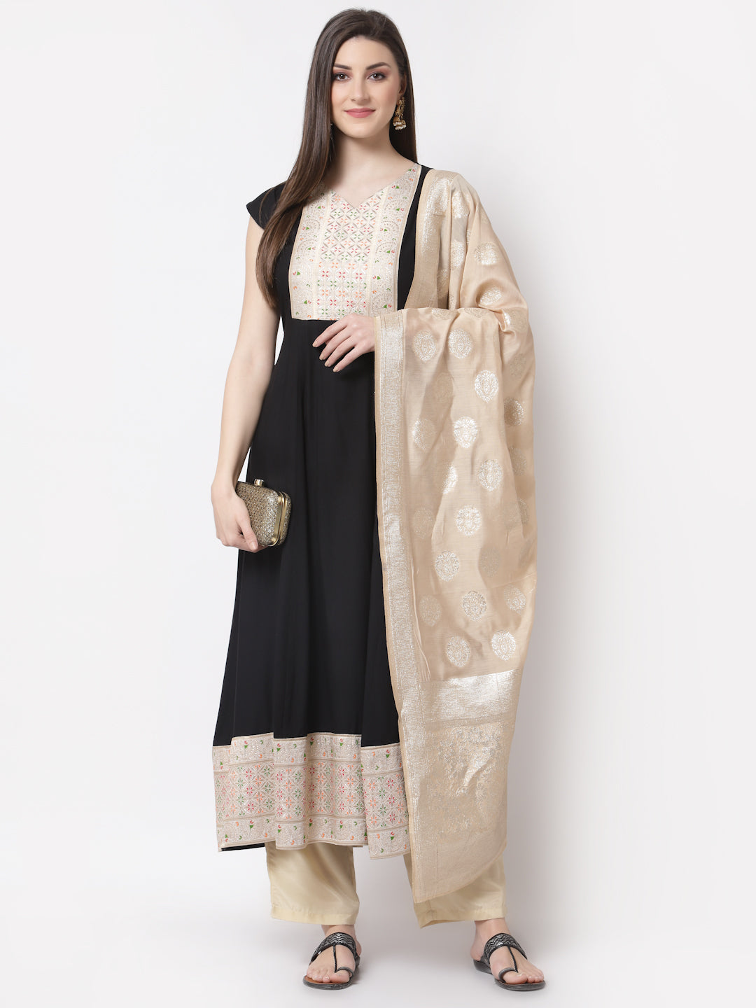 Women's Stylish Rayon V Neck Half Sleeve Embroidered Anarkali Kurta with Dupatta