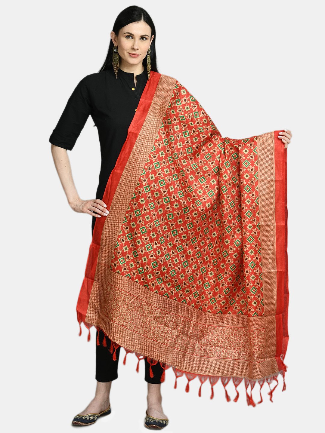 Women's Red Printed Casual Silk Blend Dupatta