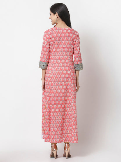 Women Pink Cotton Printed Dress by Myshka (