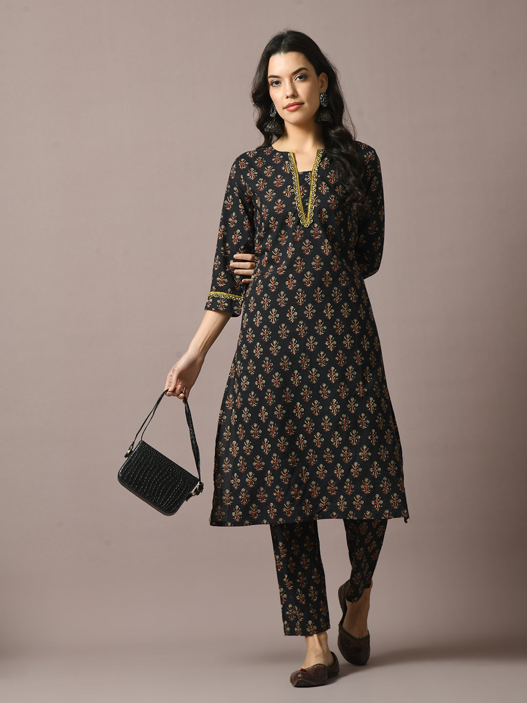 Women's  Black Printed Cotton Straight Party Kurta Sets