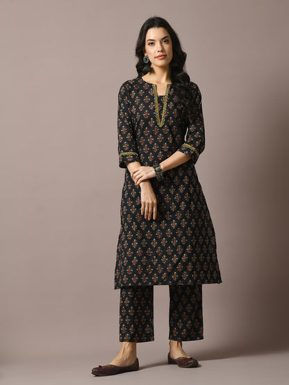 Women's  Black Printed Cotton Straight Party Kurta Sets