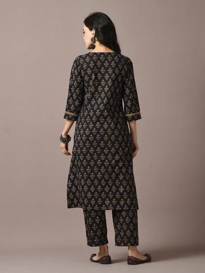 Women's  Black Printed Cotton Straight Party Kurta Sets
