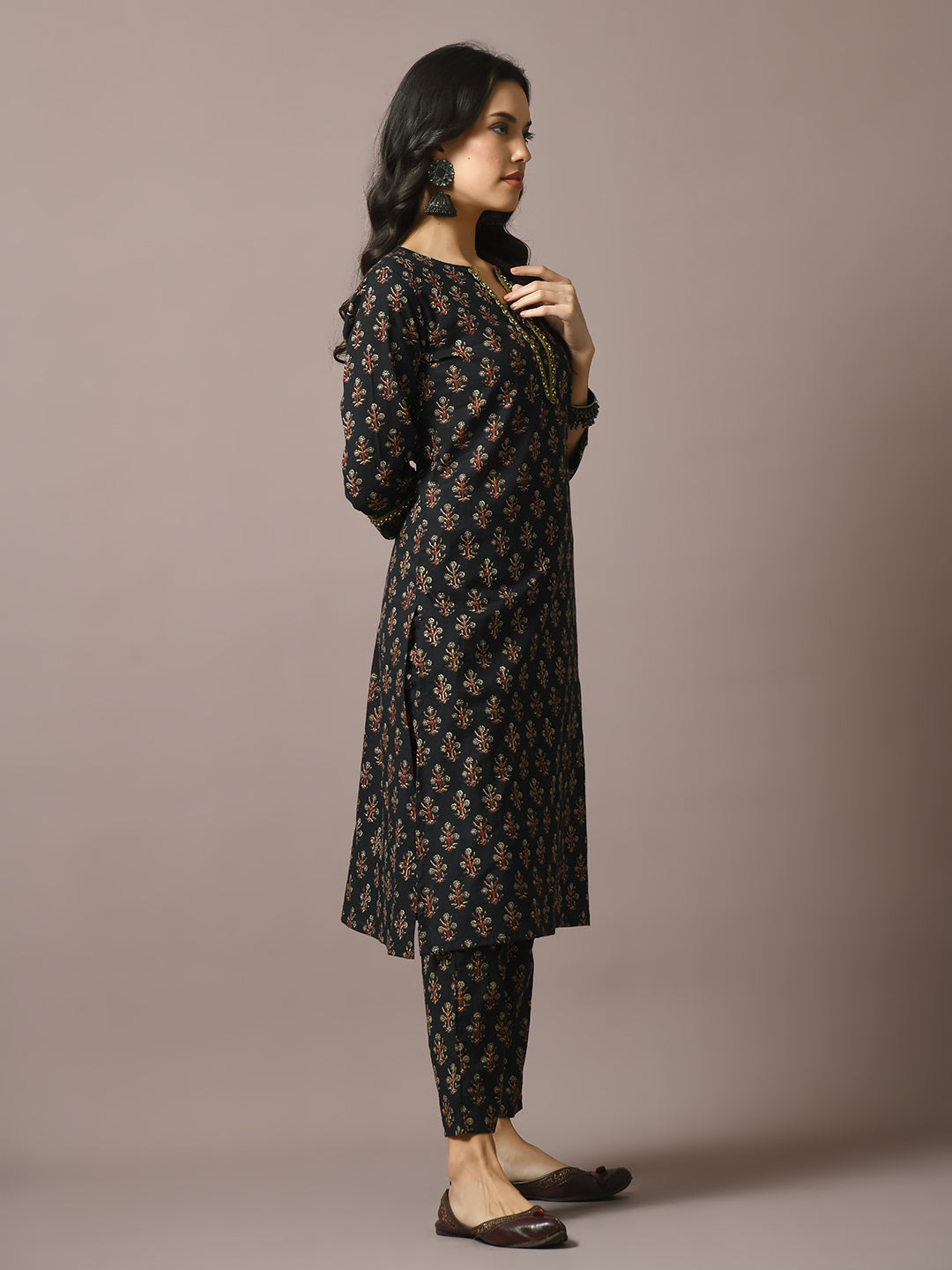 Women's  Black Printed Cotton Straight Party Kurta Sets