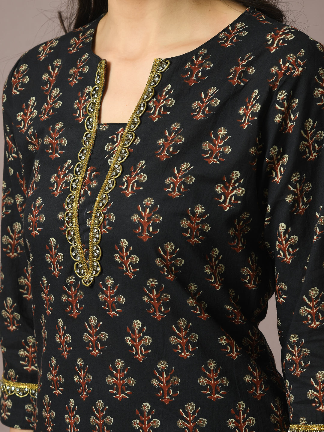 Women's  Black Printed Cotton Straight Party Kurta Sets