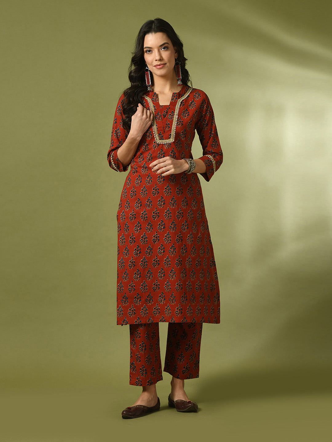 Women's  Rust Printed Cotton Straight Party Kurta Sets