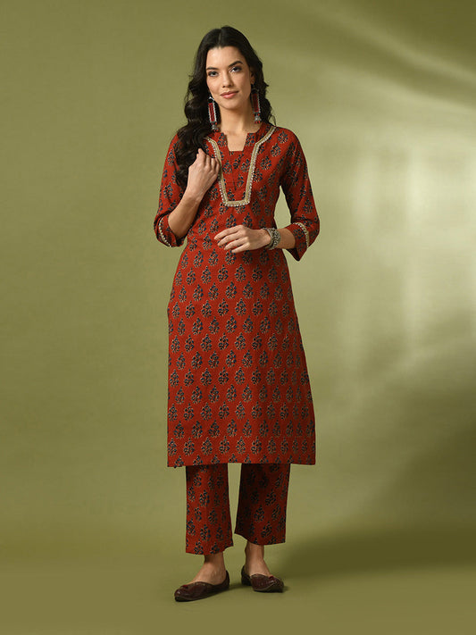 Women's  Rust Printed Cotton Straight Party Kurta Sets