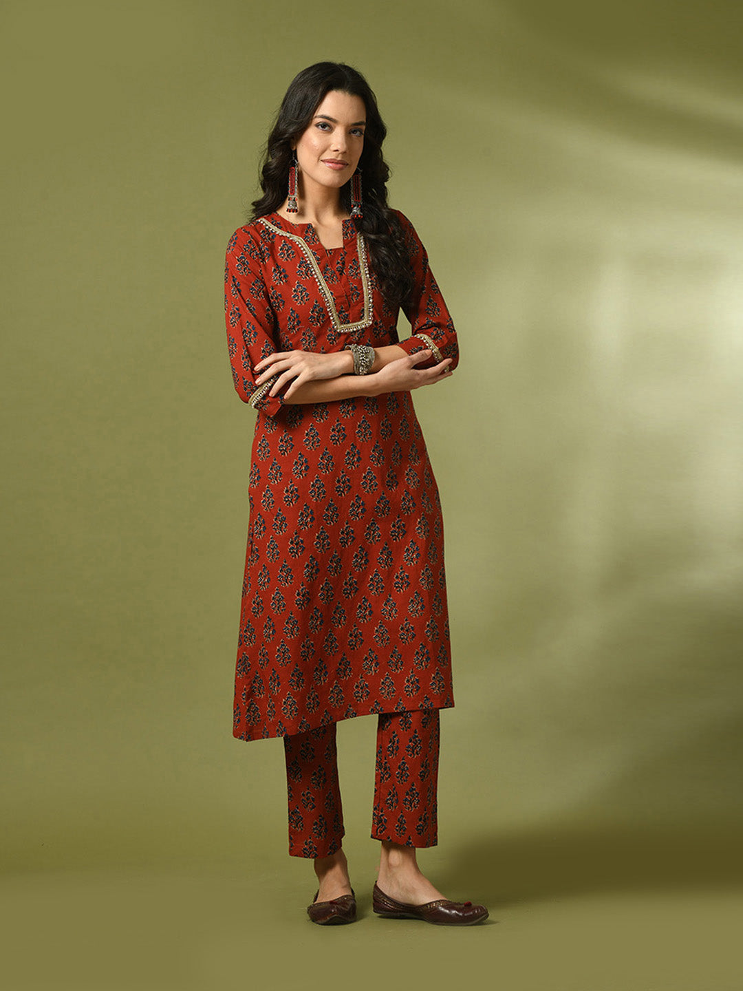 Women's  Rust Printed Cotton Straight Party Kurta Sets