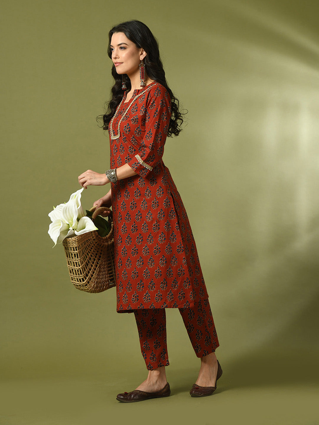 Women's  Rust Printed Cotton Straight Party Kurta Sets