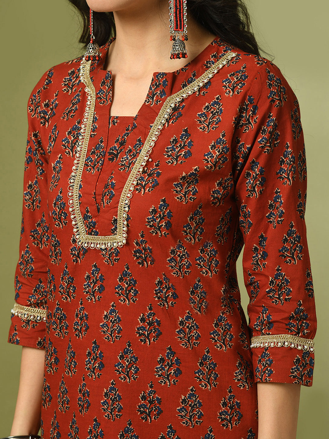 Women's  Rust Printed Cotton Straight Party Kurta Sets