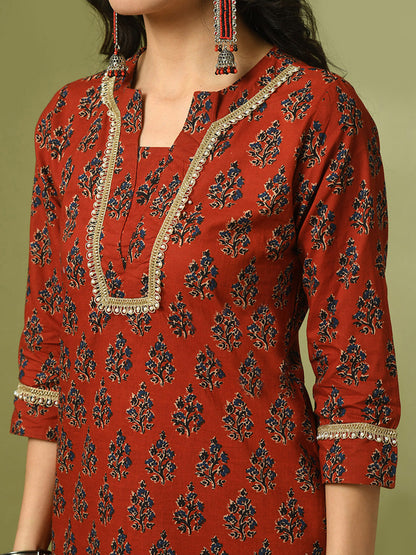Women's  Rust Printed Cotton Straight Party Kurta Sets