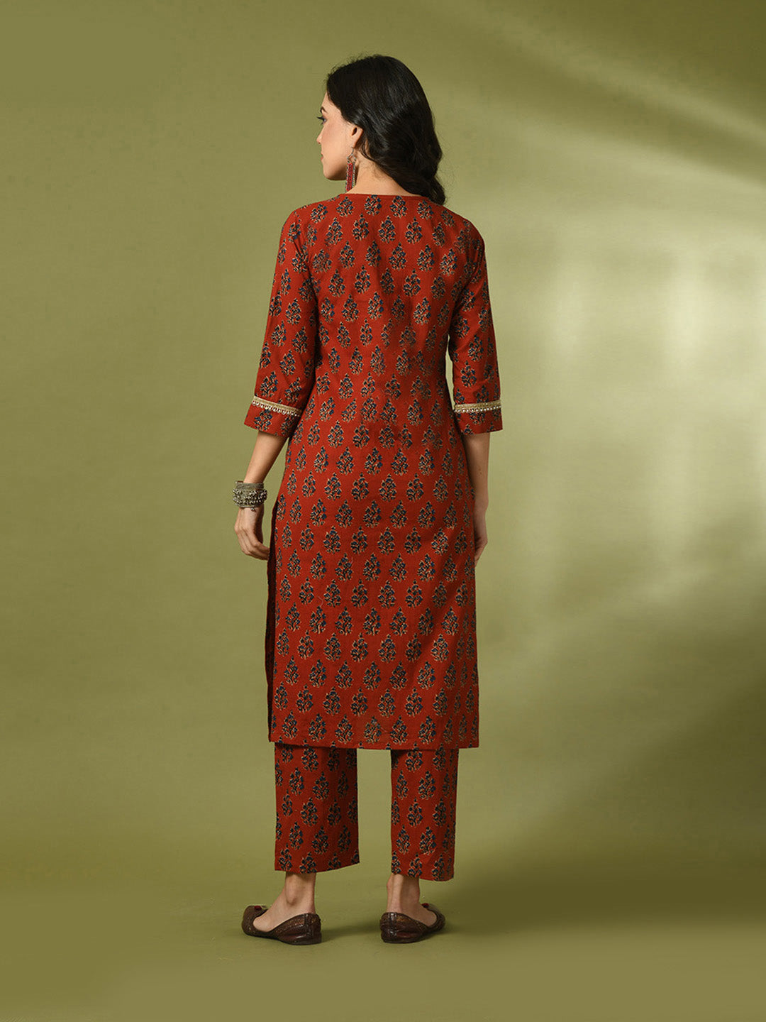 Women's  Rust Printed Cotton Straight Party Kurta Sets