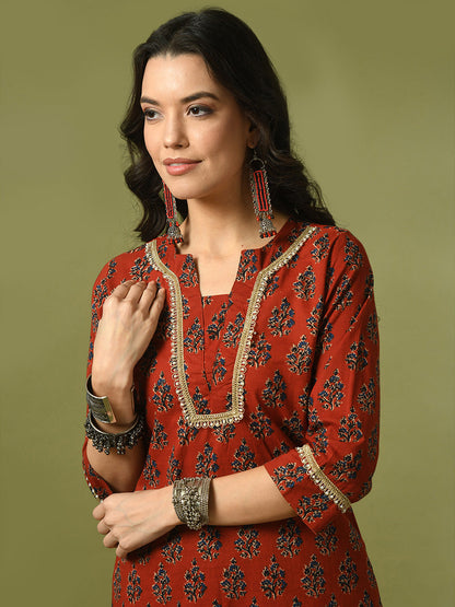 Women's  Rust Printed Cotton Straight Party Kurta Sets