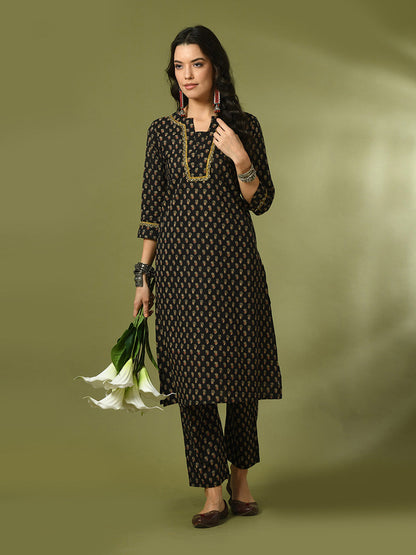 Women's  Black Printed Cotton Straight Party Kurta Sets