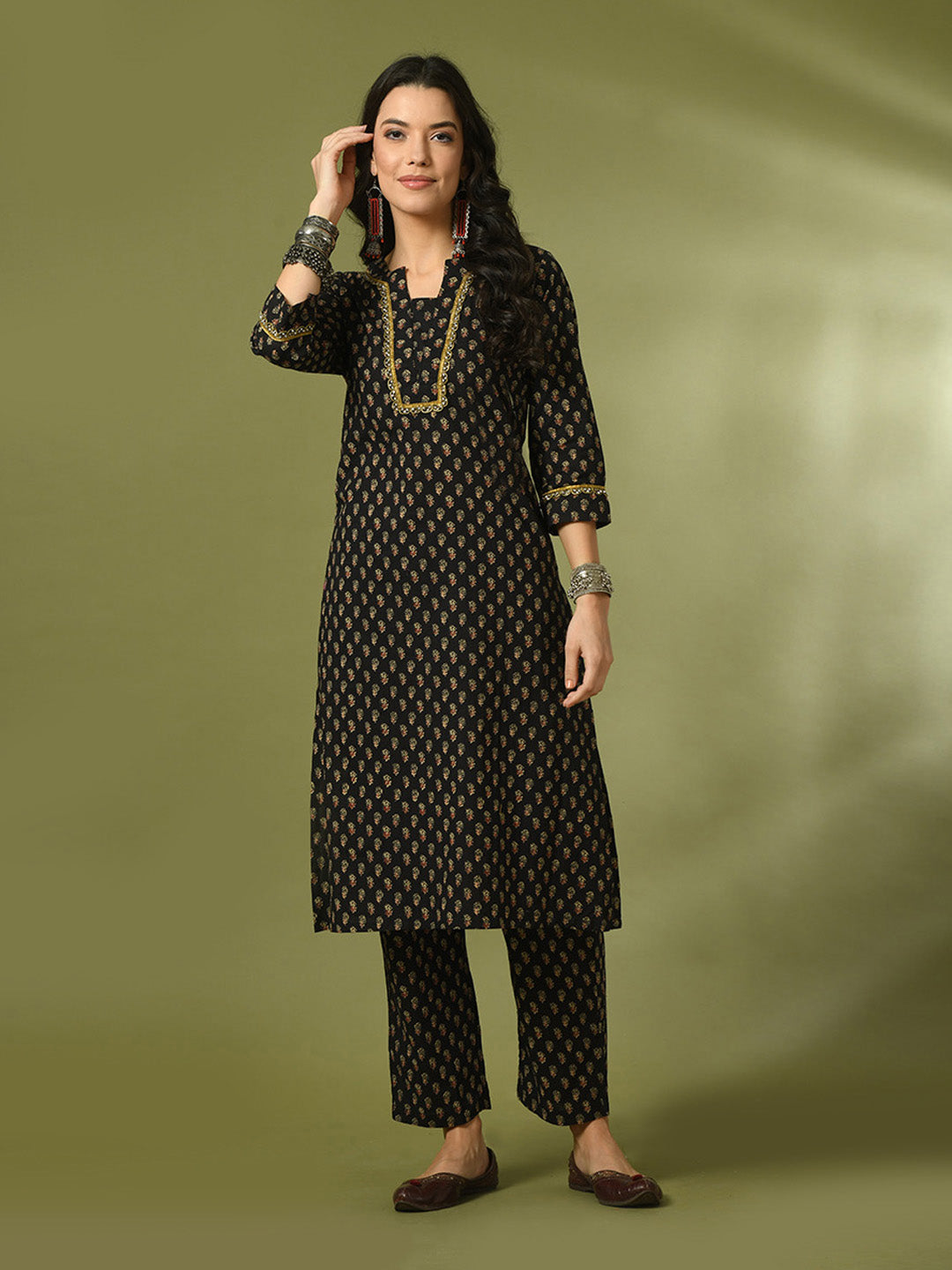 Women's  Black Printed Cotton Straight Party Kurta Sets