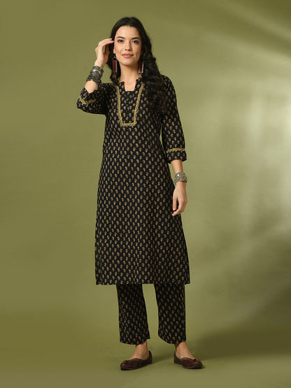 Women's  Black Printed Cotton Straight Party Kurta Sets